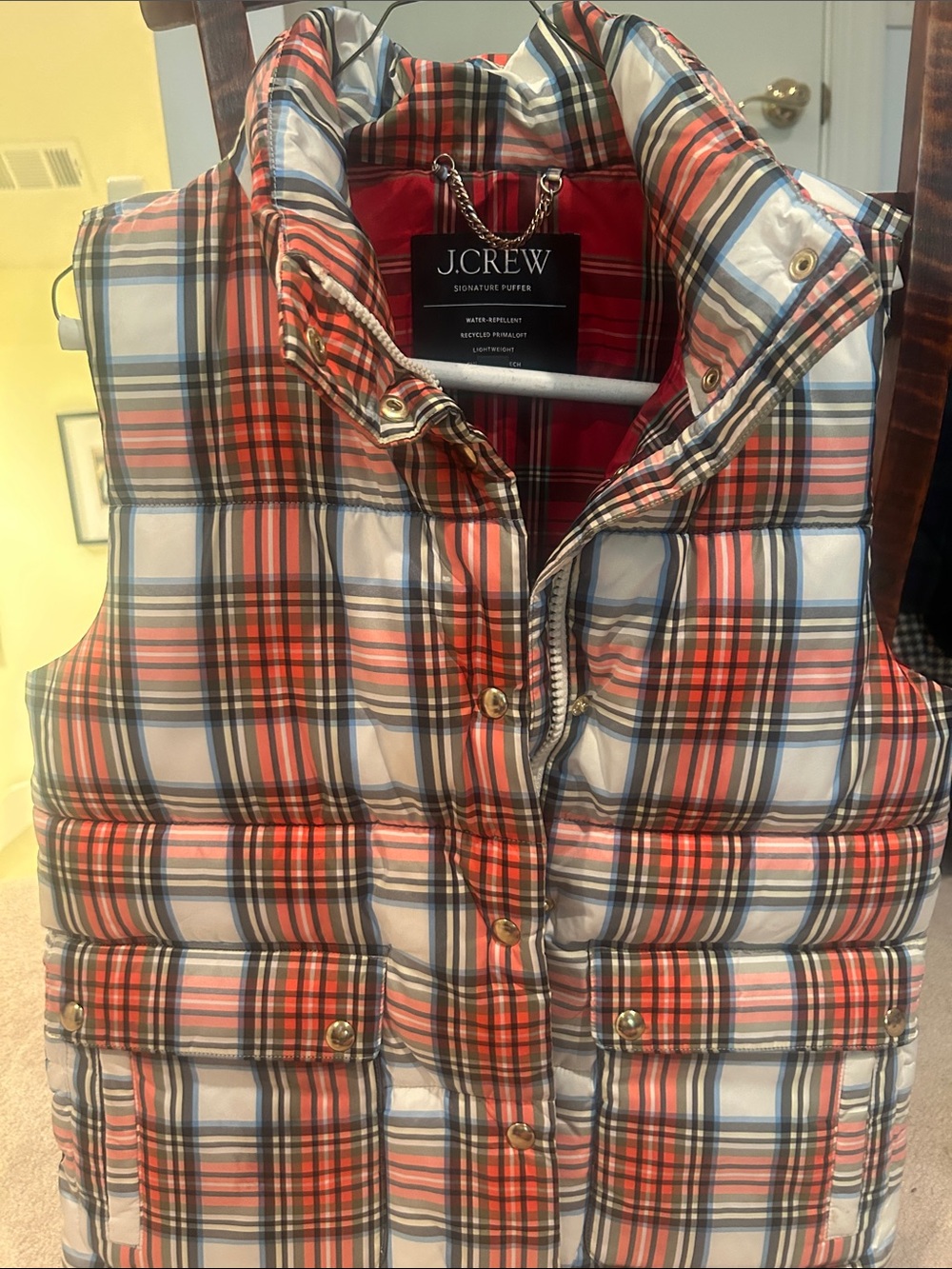 J. Crew Plaid Puffer Vest in Red, White & Blue